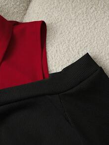 Franclia Classic Black & White Contrast Color 2 In 1 Cold Shoulder Long Sleeve Top, Minimalist & Fashionable - Burgundy - View 5