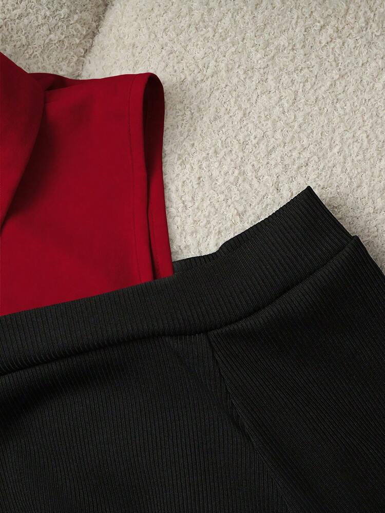 Franclia Classic Black & White Contrast Color 2 In 1 Cold Shoulder Long Sleeve Top, Minimalist & Fashionable - Burgundy - View 5