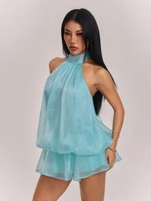 SHEIN PETITE 女款優雅薄荷綠與薄荷藍掛脖綁帶迷你洋裝，適合派對、約會，秋冬/春夏穿著 - 薄荷綠 - 查看 5
