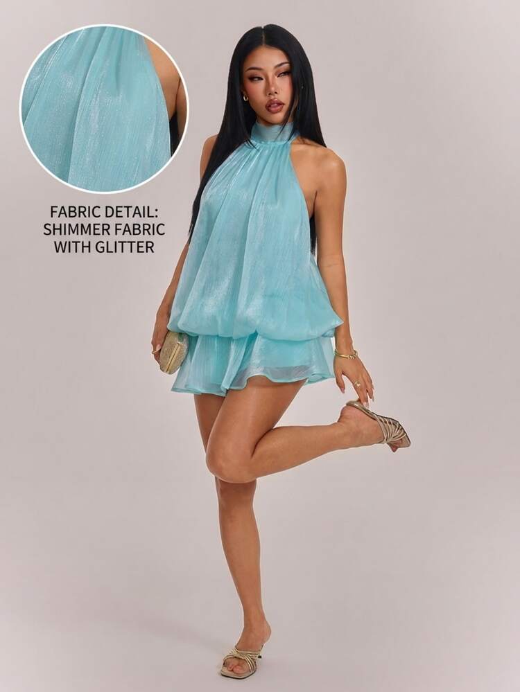 SHEIN PETITE Women's Elegant Mint Green & Mint Blue Halter Tie Mini Dress, Suitable For Party, Date, Autumn/Winter, Spring/Summer - Mint Green - View 11