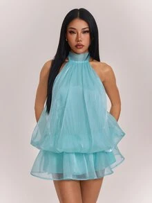SHEIN PETITE 女款優雅薄荷綠與薄荷藍掛脖綁帶迷你洋裝，適合派對、約會，秋冬/春夏穿著 - 薄荷綠 - 查看 3
