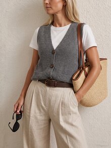 Sprig & Strand Cardigan Rompi Rajut Abu-abu Gelap Leher V Musim Gugur/Dingin - Dark Grey - View 4