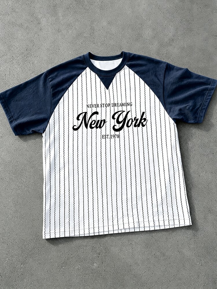 Manfinity EMRG Men's Summer Black And White Striped Raglan Sleeve T-Shirt,New York Letter Print Baseball Streetwear,Graduation Back-To-School Oversized Casual Tee - Multicolor - View 3