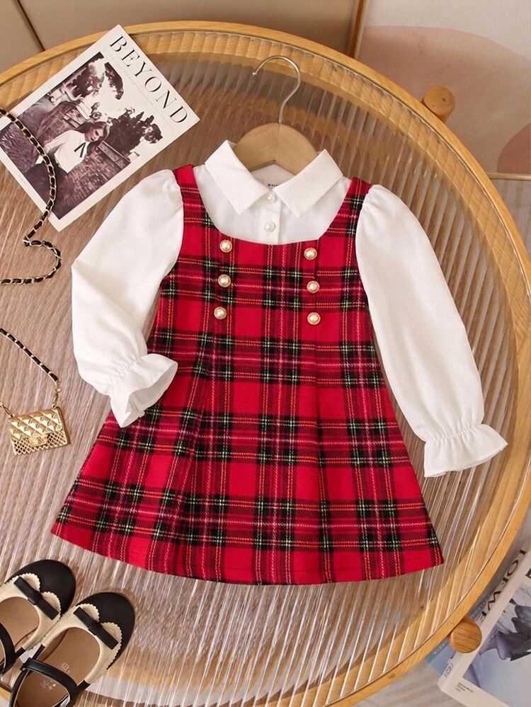 SHEIN Babygirl Cute Academy Style Casual Colorblock Plaid Long Sleeve Collared Dress  Toddler Girl Christmas Clothes Robe Elegante Chic - Red - View 2