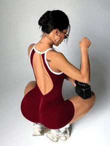 Slayform Slayform 1pc Seamless Burgundy Jumpsuit, Sleeveless Backless, Soft Comfortable Fit, Suitable For Workout, Running, Casual Athletic Athleisure, Yoga Gym Summer - Burgundy - View 6