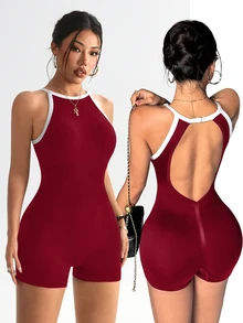 Slayform Slayform 1pc Seamless Burgundy Jumpsuit, Sleeveless Backless, Soft Comfortable Fit, Suitable For Workout, Running, Casual Athletic Athleisure, Yoga Gym Summer - Burgundy - View 4