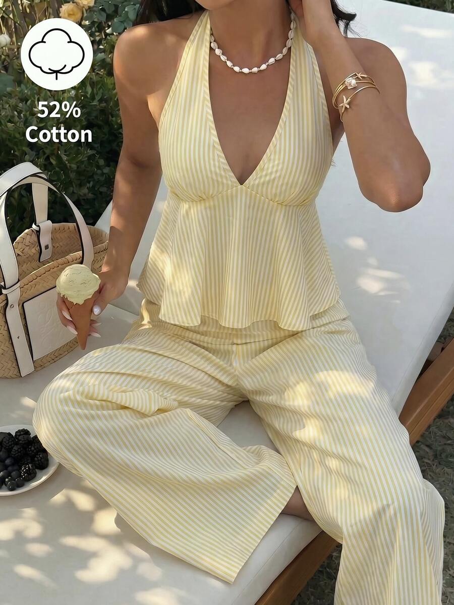 Sunnyshic 女款白色黃色條紋純棉兩件套夏季休閒度假裝,深V掛脖露背荷葉邊背心與寬腿褲 - 黃色 - 查看 1