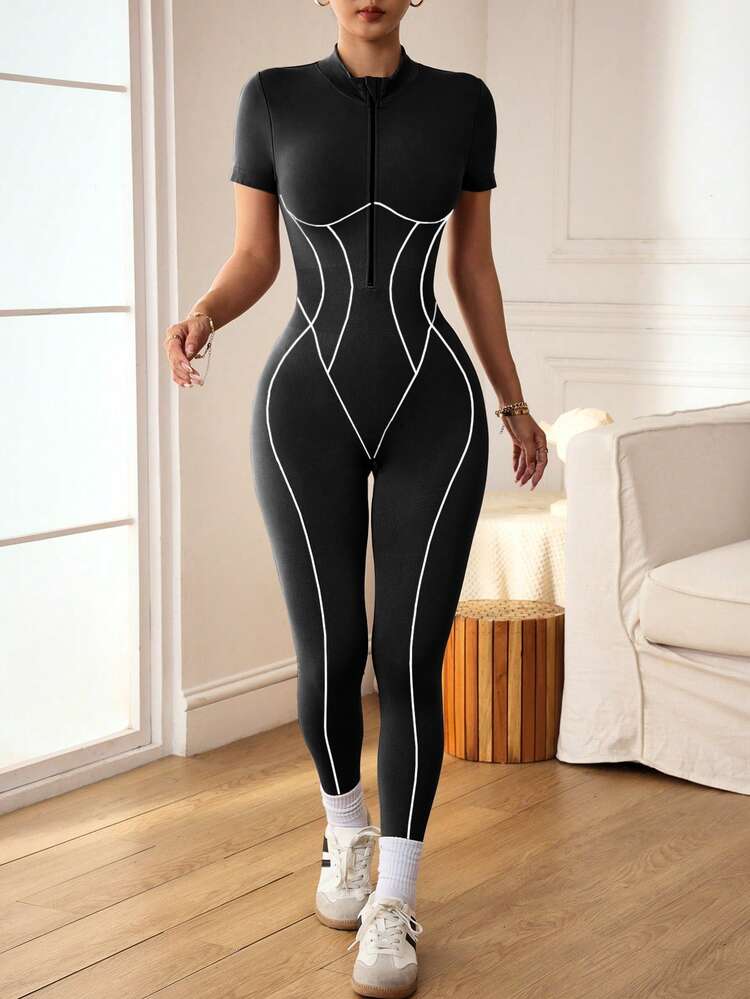 Slayform Slayform Women's Khaki Seamless Jumpsuit With Zipper, Short Sleeve, Backless, Cropped Length - Black and White - View 6