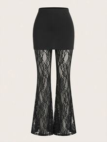 Reflora Plus Size Lace Sheer Patchwork Skirt & Flare Pants 2-In-1 Fall - Black - View 1