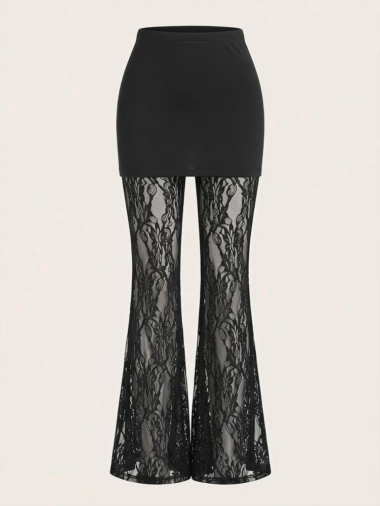 Reflora Plus Size Lace Sheer Patchwork Skirt & Flare Pants 2-In-1 Fall - Black - View 3