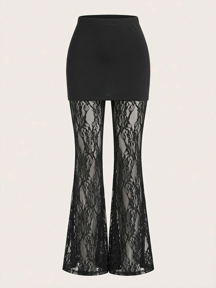 Reflora Plus Size Lace Sheer Patchwork Skirt & Flare Pants 2-In-1 Fall - Black - View 1