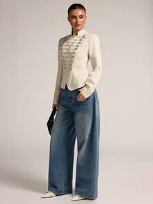 SHEIN BAE 象牙色女款雙排扣西裝外套，秋季優雅通勤休閒款，適合感恩節假期派對約會之夜，寬鬆大尺寸夾克 - 杏色 - 查看 9