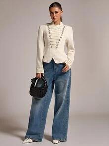 SHEIN BAE 象牙色女款雙排扣西裝外套，秋季優雅通勤休閒款，適合感恩節假期派對約會之夜，寬鬆大尺寸夾克 - 杏色 - 查看 2