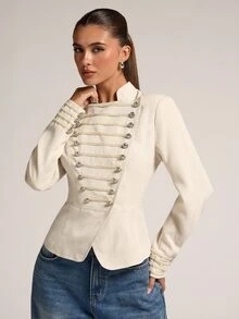 SHEIN BAE 象牙色女款雙排扣西裝外套，秋季優雅通勤休閒款，適合感恩節假期派對約會之夜，寬鬆大尺寸夾克 - 杏色 - 查看 6