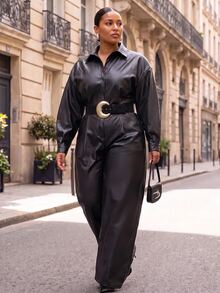 Slaydiva Autumn/Winter Date Street Loose Long Sleeve Shirt Collar Front Button Cinched Waist PU Black Jumpsuit Plus Size - Black - View 7