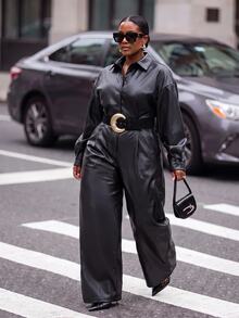 Slaydiva Autumn/Winter Date Street Loose Long Sleeve Shirt Collar Front Button Cinched Waist PU Black Jumpsuit Plus Size - Black - View 9