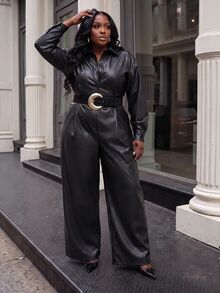Slaydiva Autumn/Winter Date Street Loose Long Sleeve Shirt Collar Front Button Cinched Waist PU Black Jumpsuit Plus Size - Black - View 6