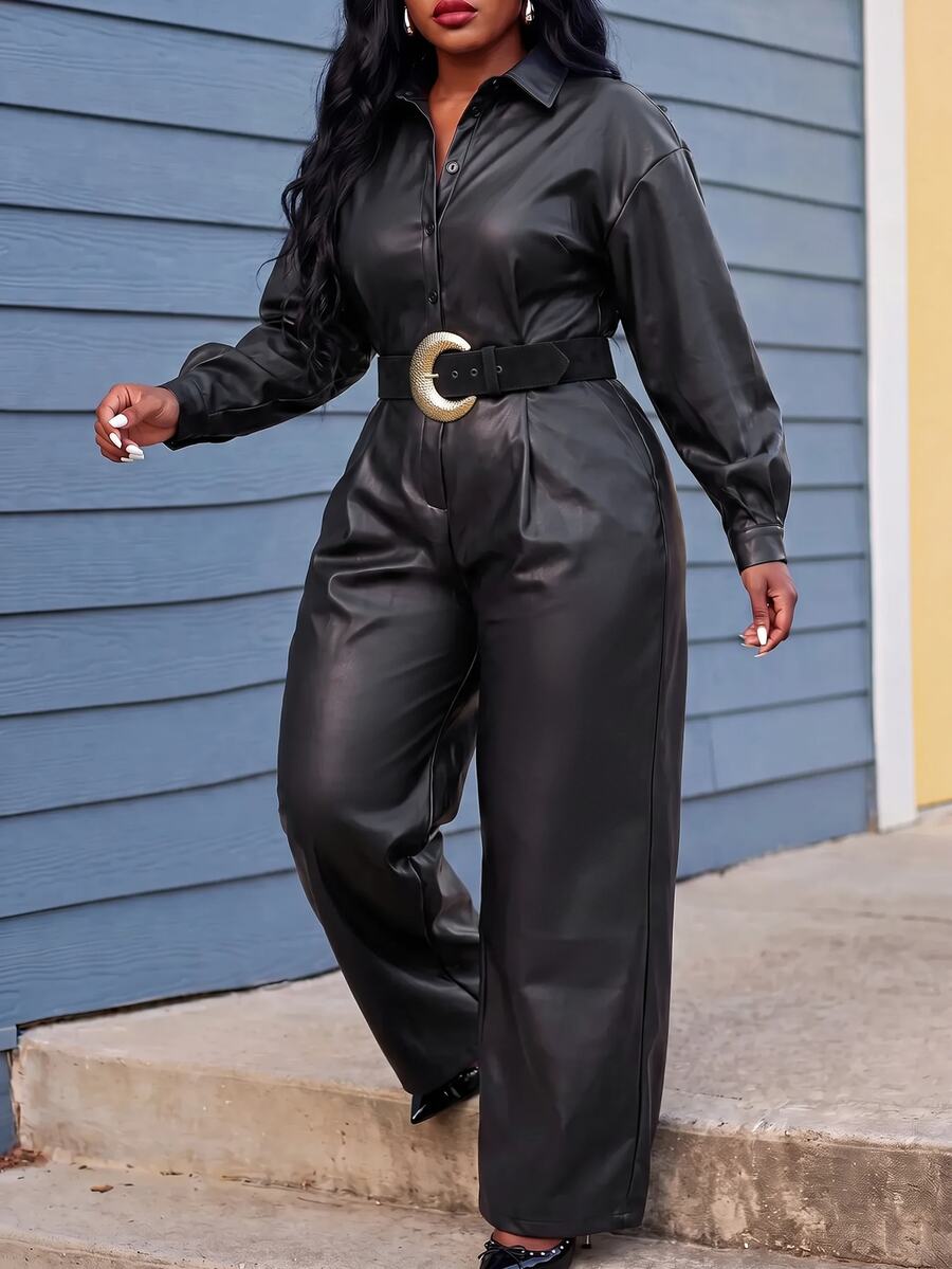 Slaydiva Autumn/Winter Date Street Loose Long Sleeve Shirt Collar Front Button Cinched Waist PU Black Jumpsuit Plus Size
