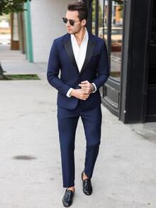 Manfinity Bizformal Men's Solid Color Suit Jacket And Trousers Set, Simple And Fashionable, Suitable For Summer,Men Dress Suits, Suitable For Work, Commuting Suits - Navy Blue - View 1