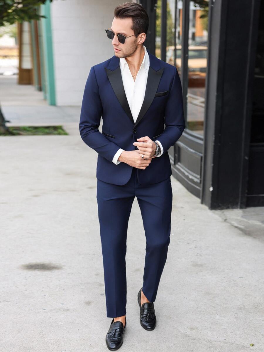 Manfinity Bizformal Men's Solid Color Suit Jacket And Trousers Set, Simple And Fashionable, Suitable For Summer,Men Dress Suits, Suitable For Work, Commuting Suits - Navy Blue - View 1