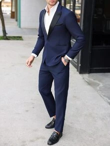 Manfinity Bizformal Men's Solid Color Suit Jacket And Trousers Set, Simple And Fashionable, Suitable For Summer,Men Dress Suits, Suitable For Work, Commuting Suits - Navy Blue - View 4