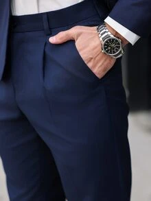 Manfinity Bizformal Men's Solid Color Suit Jacket And Trousers Set, Simple And Fashionable, Suitable For Summer,Men Dress Suits, Suitable For Work, Commuting Suits - Navy Blue - View 7