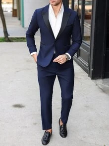 Manfinity Bizformal Men's Solid Color Suit Jacket And Trousers Set, Simple And Fashionable, Suitable For Summer,Men Dress Suits, Suitable For Work, Commuting Suits - Navy Blue - View 3