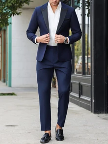 Manfinity Bizformal Men's Solid Color Suit Jacket And Trousers Set, Simple And Fashionable, Suitable For Summer,Men Dress Suits, Suitable For Work, Commuting Suits - Navy Blue - View 6
