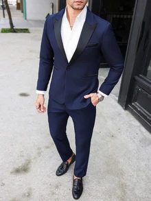 Manfinity Bizformal Men's Solid Color Suit Jacket And Trousers Set, Simple And Fashionable, Suitable For Summer,Men Dress Suits, Suitable For Work, Commuting Suits - Navy Blue - View 5
