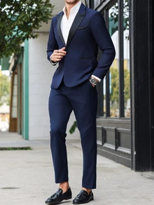 Manfinity Bizformal Men's Solid Color Suit Jacket And Trousers Set, Simple And Fashionable, Suitable For Summer,Men Dress Suits, Suitable For Work, Commuting Suits - Navy Blue - View 8