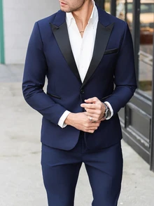 Manfinity Bizformal Men's Solid Color Suit Jacket And Trousers Set, Simple And Fashionable, Suitable For Summer,Men Dress Suits, Suitable For Work, Commuting Suits - Navy Blue - View 2