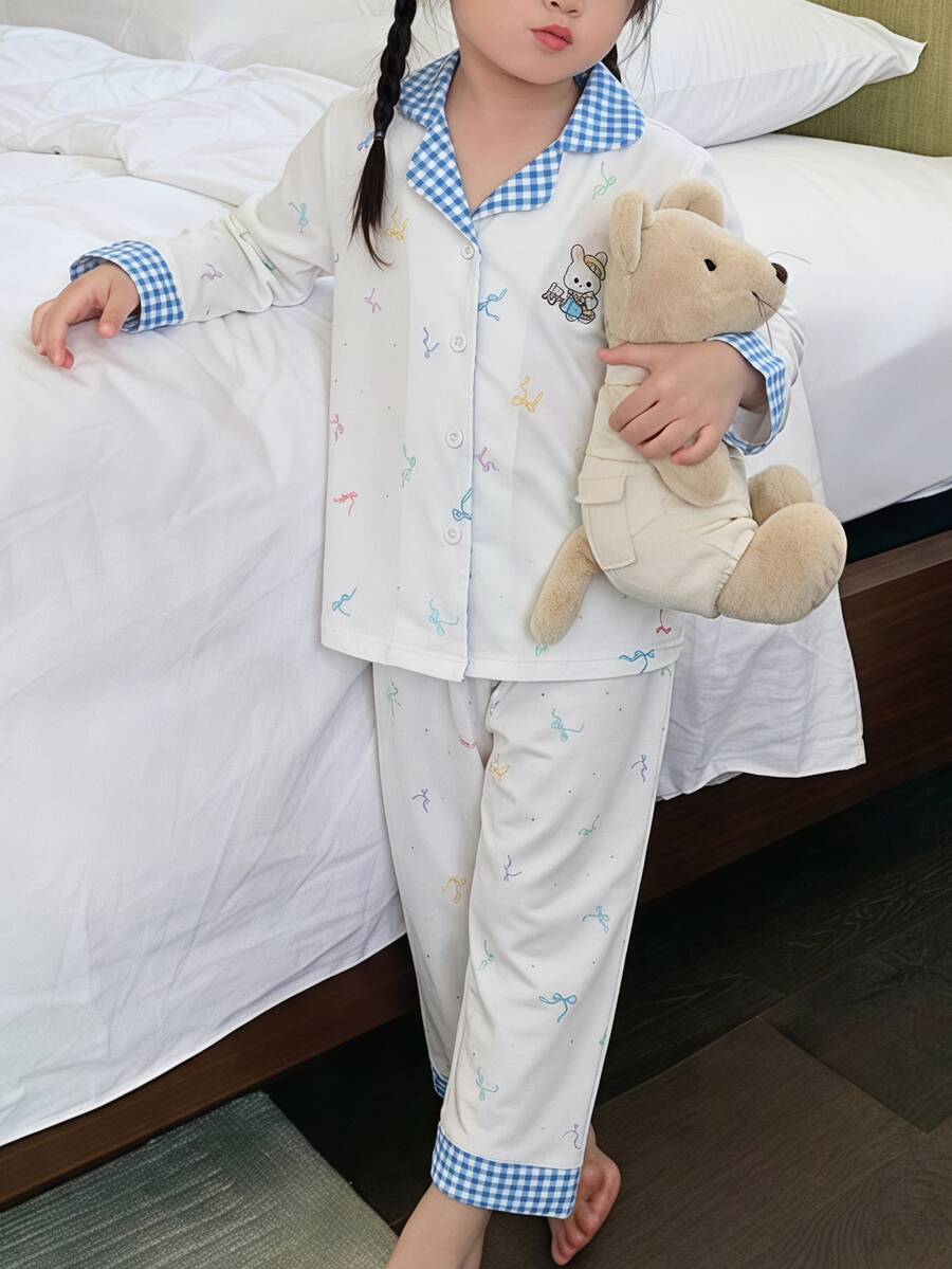 女童格紋卡通圖案睡衣套裝 嬰兒洗禮禮物 彩虹秋季仙女公主風 - 淺藍色 - 查看 1
