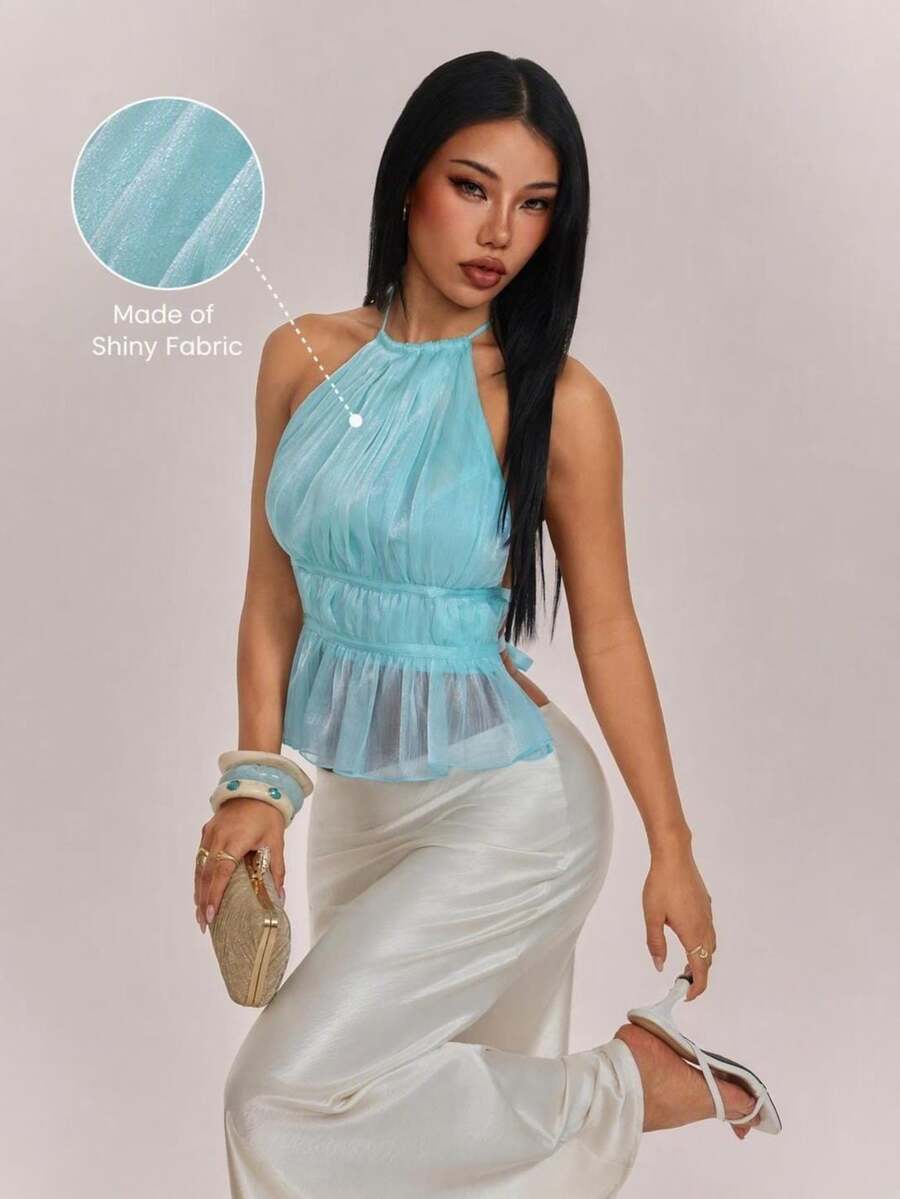 SHEIN PETITE Women's Elegant Shiny Mint Blue Mint Green Backless Top - Mint Green - View 1