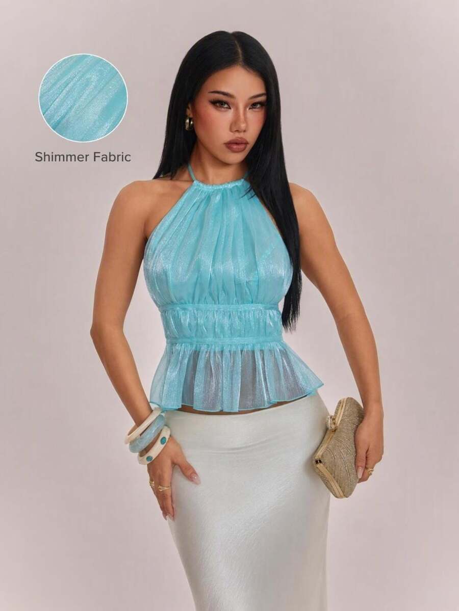 SHEIN PETITE 女款優雅亮面薄荷藍薄荷綠露背上衣 - 薄荷綠 - 查看 1