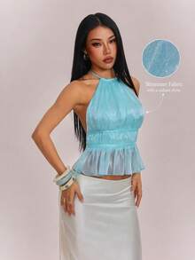 SHEIN PETITE Women's Elegant Shiny Mint Blue Mint Green Backless Top - Mint Green - View 3