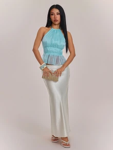 SHEIN PETITE Women's Elegant Shiny Mint Blue Mint Green Backless Top - Mint Green - View 5