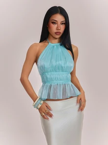 SHEIN PETITE Women's Elegant Shiny Mint Blue Mint Green Backless Top - Mint Green - View 6