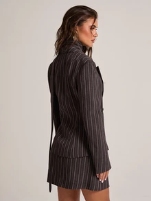 SHEIN BAE Brown Striped Blazer Skirt Set For Women Fall Elegant Office Work Suit Thanksgiving Holiday Party Date Night Professional Outfit - Brown - View 7