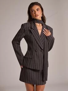 SHEIN BAE Brown Striped Blazer Skirt Set For Women Fall Elegant Office Work Suit Thanksgiving Holiday Party Date Night Professional Outfit - Brown - View 1