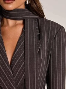 SHEIN BAE Brown Striped Blazer Skirt Set For Women Fall Elegant Office Work Suit Thanksgiving Holiday Party Date Night Professional Outfit - Brown - View 4