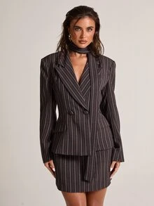 SHEIN BAE Brown Striped Blazer Skirt Set For Women Fall Elegant Office Work Suit Thanksgiving Holiday Party Date Night Professional Outfit - Brown - View 8