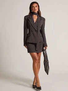 SHEIN BAE Brown Striped Blazer Skirt Set For Women Fall Elegant Office Work Suit Thanksgiving Holiday Party Date Night Professional Outfit - Brown - View 5