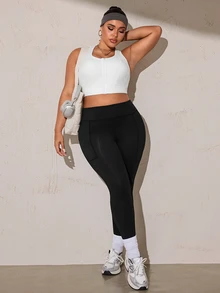 SHEIN Rhythm Era High Waist Slimming Reflective Back Detail Plus Size Tight Fit Sports Pants - Black - View 6