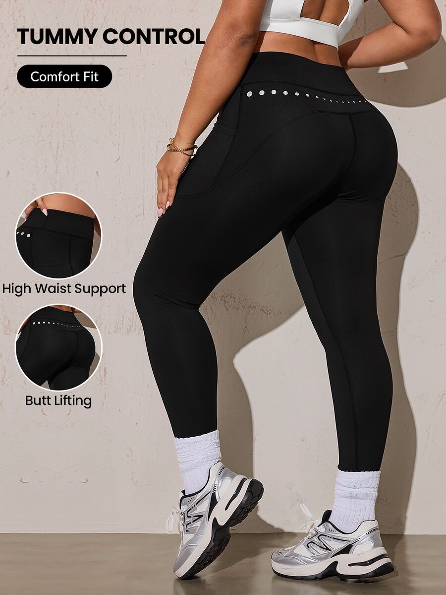 SHEIN Rhythm Era High Waist Slimming Reflective Back Detail Plus Size Tight Fit Sports Pants - Black - View 1