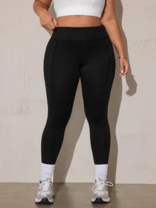 SHEIN Rhythm Era High Waist Slimming Reflective Back Detail Plus Size Tight Fit Sports Pants - Black - View 2