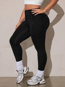 SHEIN Rhythm Era High Waist Slimming Reflective Back Detail Plus Size Tight Fit Sports Pants - Black - View 4
