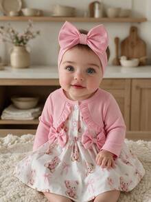 SHEIN 3pcs Baby Girls Fake Two-Piece Dress Cute Sweet Pink White Bear Print Bows Ruffle Long Sleeve Regular Birthday Party Fall Holiday Christmas Ribbed - Baby Pink - View 2