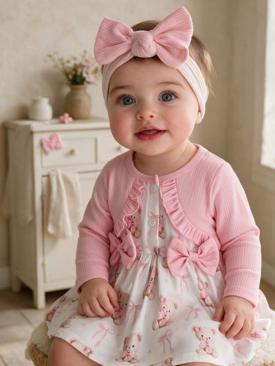 SHEIN 3pcs Baby Girls Fake Two-Piece Dress Cute Sweet Pink White Bear Print Bows Ruffle Long Sleeve Regular Birthday Party Fall Holiday Christmas Ribbed - Baby Pink - View 1