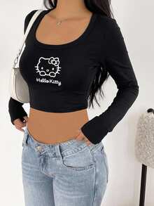 CovetEZ HELLO KITTY AND FRIENDS | SHEIN 女款 95% 棉長袖方領修身 T 恤，聯名印花圖案，適合外出、街頭風、機場穿搭、時尚、返校、Y2K、派對、海灘度假、假日 - 彩色 - 查看 5