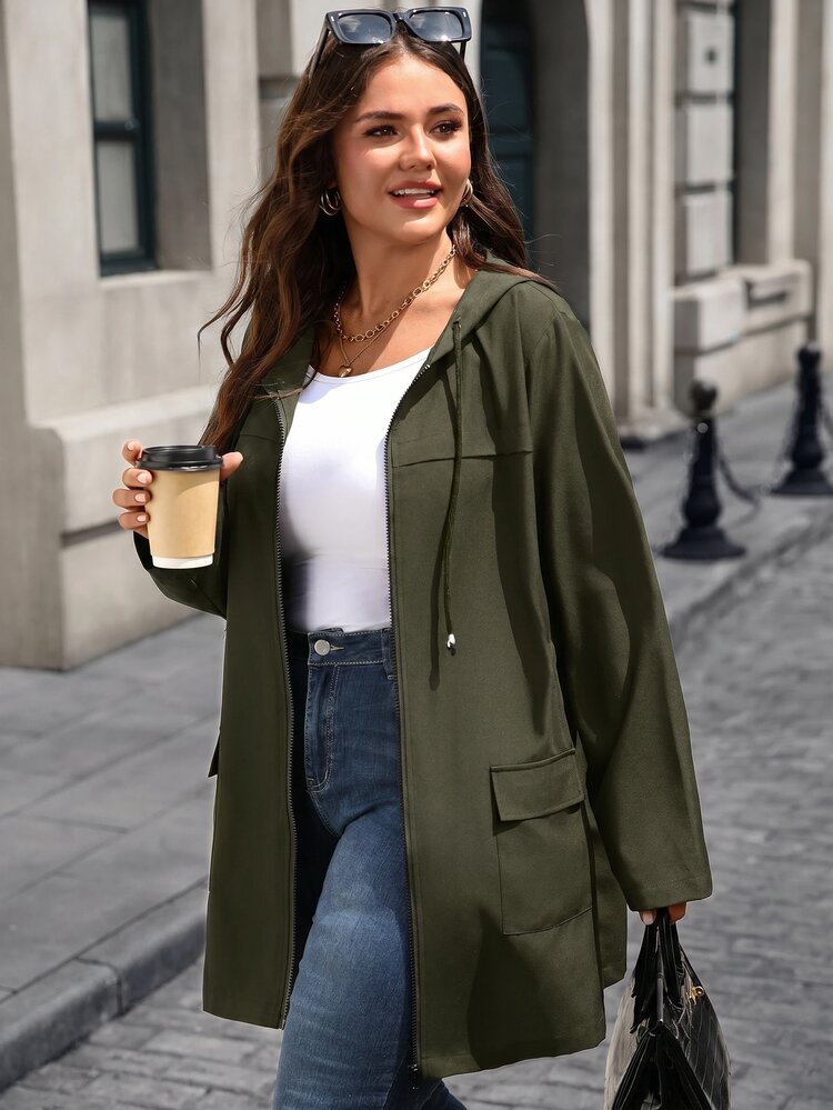 Rosumi Plus Size Women's Army Green Autumn Casual Baggy Western Hiking Waterproof Hooded Coat, Cinched Waist Lightweight Zip-Up Trench Pockets, Vintage - Army Green - View 4